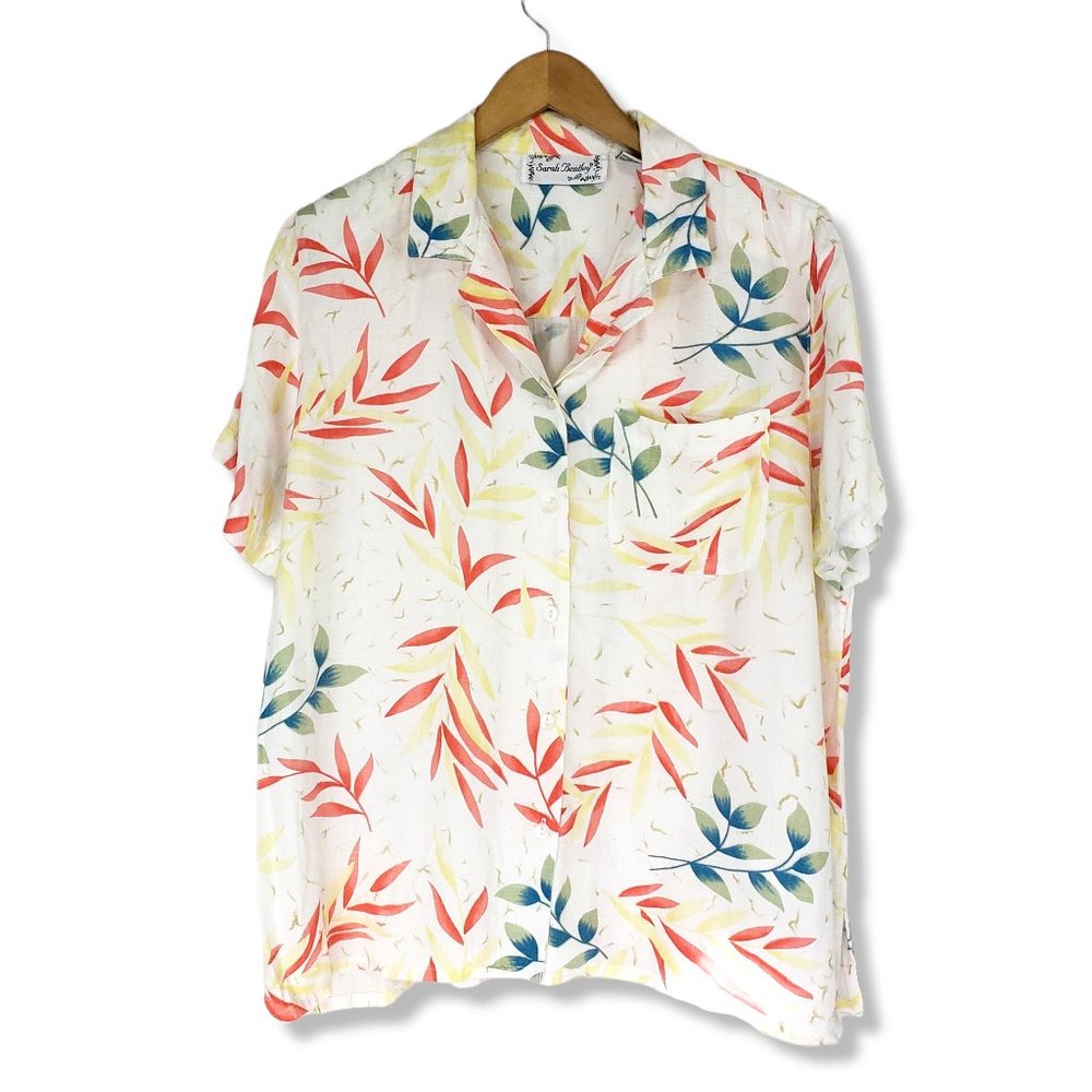 Vintage Sarah Bentley White Tropical Leaf Print Button-up Top Size XL